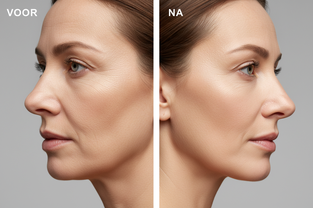 het zijn hele goede foto's maar ik wil een duidelijk verschil in de huid zien. De voor foto een huid met fijne lijntjes en rimpels, wat verslapping en op de na foto een zichtbaar strakkere huid waarbij de verslapping zo goed als weg is alsook de fijne lijntjes en rimpels